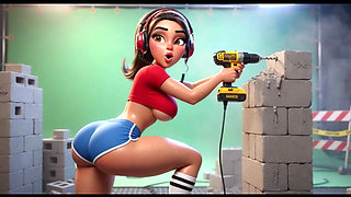 Curvy Builder Babe Strips and Poses Seductively with Drill in Studio Session (AI generated)