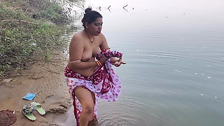 Indian Village Wife Bathing in the River in Outdoor Area