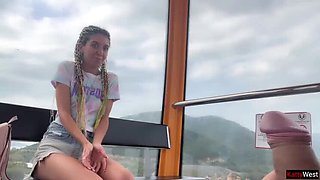 Public Flashing Blowjob - Skinny Brunette Swallows Cum on Ferris Wheel POV