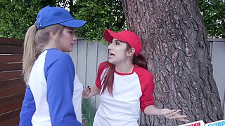 April's tiny tits bounce as Taylor & Eric take turns suckin' her nipples