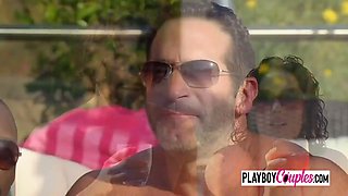 Swinger Milfs Strip Naked for Group Water Play Under Sun