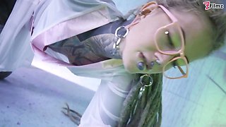 Glasses dressed in tattooed chick likes the tattooed dick hardcore dp and facial cumshot