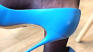 Kiffa Seduces Boss Wearing Nylons and High Heels Blue Stiletto - Pantyhose - Nylons - Stiletto