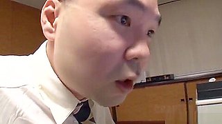 Horny young Japanese babe gives her older boss a hot blowjob