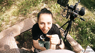 Black Lynn Sucks Me and Swallows My Cum - Outdoor Blowjob Filming Backstage - POV