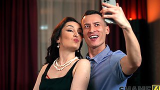 Hot brunette milf Di Devi rides a big dick with her stockings on