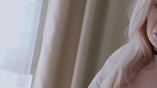 Blonde Step Mom and Step Daughter Kiss and Help Step Son Cum in Their One Bed Hotel Threesome