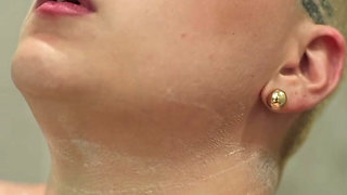 short hair tattooed girl tke a shower and masturbate