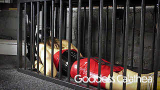 Caged Slave Worships Latex Dominatrix Extreme Boots