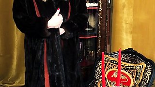 Outdoor solo masturbation scene with curly blonde