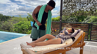 My boss's wife asks me for a massage in the pool and ends up with my big black cock in her mouth!