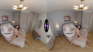 Teen Roxy in VR pleasures her tiny boobs on a cozy bed