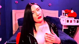 Busty curly brunette with big boobs fucks on couch