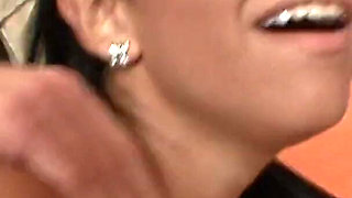 Lucky boner gets a wet blowjob from brunette teen babysitter then fucks her