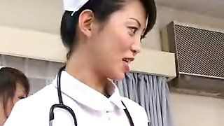 Japan nurses examine patents anus while pumping cock