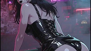 Dark Anime Woman in Bar at Billiards, Rocker Leather