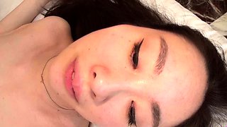 Amateur asian with hairy pussy gives bj