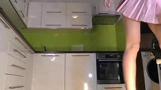 Skinny Blonde Wife Bonnie Dolce Bored in Kitchen Lifts Skirt Shows Cotton Panties