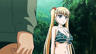 Blonde twin-tails green striped bikini on beach mat
