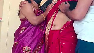Indian sisters Pushpa Valli and Laxi Ammu enjoy threesome romance with neighbor bachelor in bed