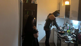 Dominant MILF Stretches Latex Sub's Ass Wide in Kitchen