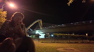 An exhibitionist came to a superslut at the spot. She doesn't know what to do with him.