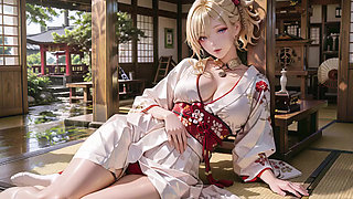 Kneeling under the Torii gate in a beige modified kimono, she touches her chest and traces her collarbon