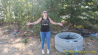 MILF Pissing in her jeans while exercising outdoor