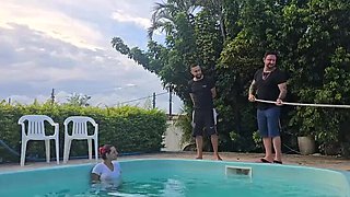 Kitchen Slut Wife Blowjob For Husband's Friends While He Cleans Pool - Part 2 Amateur Latina MILF Hotwife