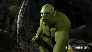 Fairy sucks the orc in the night forest