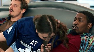 Pigtailed tomboy Leana Lovings gets spit roasted on the couch