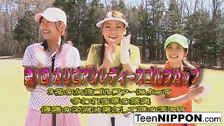 Cute Asian teen girls play a game of strip golf
