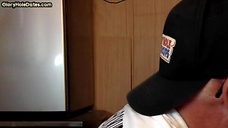 Gloryhole homemade DILF deepthroats cock in closeup