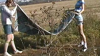 Old threesome with toys young Girl man and old chubby Granny