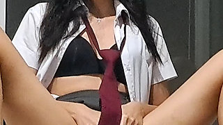 Asian College Girl Plays with Her Magic Wand and Squirts