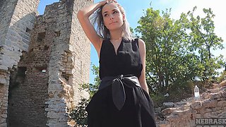 Skinny solo babe pleasures her tight pussy outdoors with fingers and big naturals