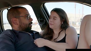 Abbie Maley’s long hair flows as she has a hot shaved pussy fuck in a car