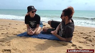 Amateur Brunette Loses Bet & Strips Naked on Beach at Night - Outdoor Striptease Game