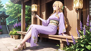 Blonde in Lavender! Kneeling barefoot under the red Torii gate, her andouf fluttering in the breeze.