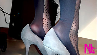 Sensual Shoeplay in Grey Patent Pumps and Blue Charmant Pantyhose