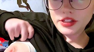 Busty curly brunette with big boobs fucks on couch