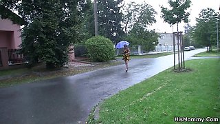 His old mom and teen gf have fun on the kitchen