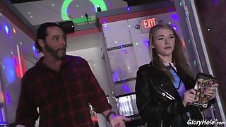 Tempting chick Hannah Hays is visiting glory hole room for the first time
