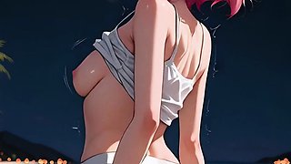 Pink haired beach reverse cowgirl, blonde titfuck bed cum