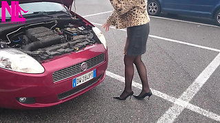 Sexy Speedy Driving in Patent Black Pumps and Seamed Black Pantyhose