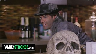 Step-father & daughter-in-law are giant bad wolf & little crimson riding hood for halloween & stepmom is envious