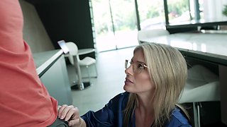 Beautiful woman with tattoos gets a handjob and a fuck in the kitchen.
