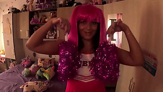 MILF Cheerleader Tease. Pink Uniform, Lollipop Play and Messy Bedroom Fantasy