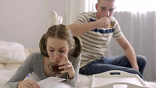 Dirty Russian Polina teases in pigtails as she pleasures with naughty CFNM fun