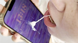 Cumtribute Bald Girl Cleanup Her Phone After